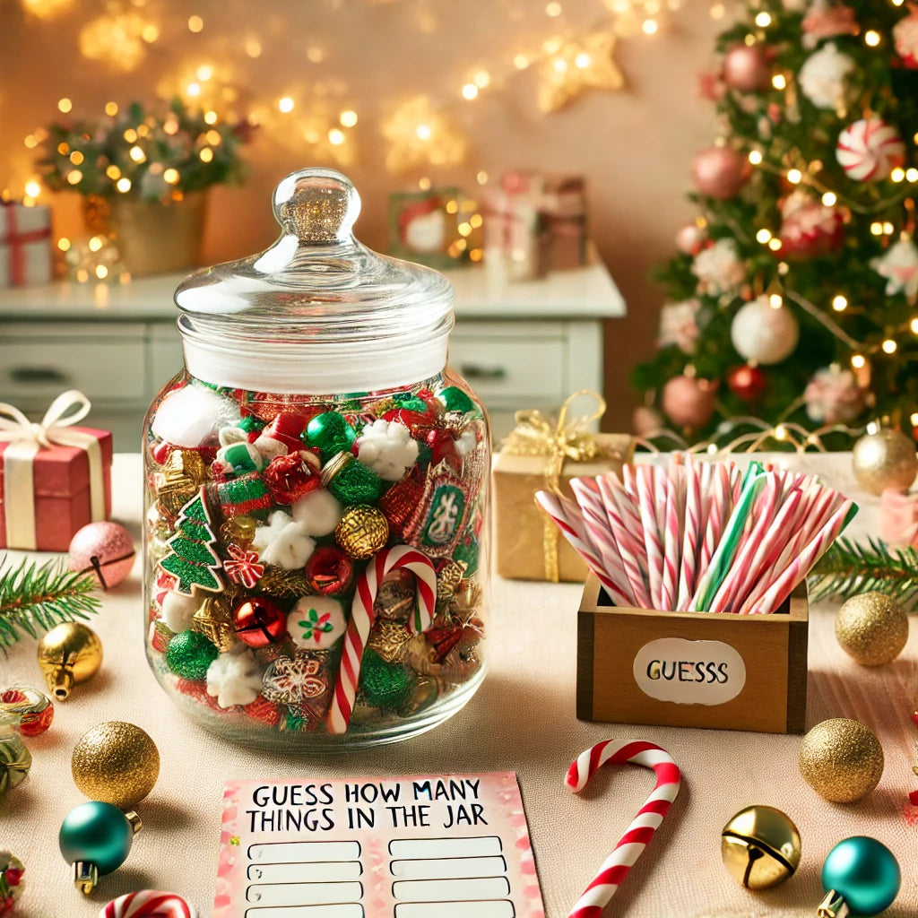 jar of candy with a pad and candy cane next to it